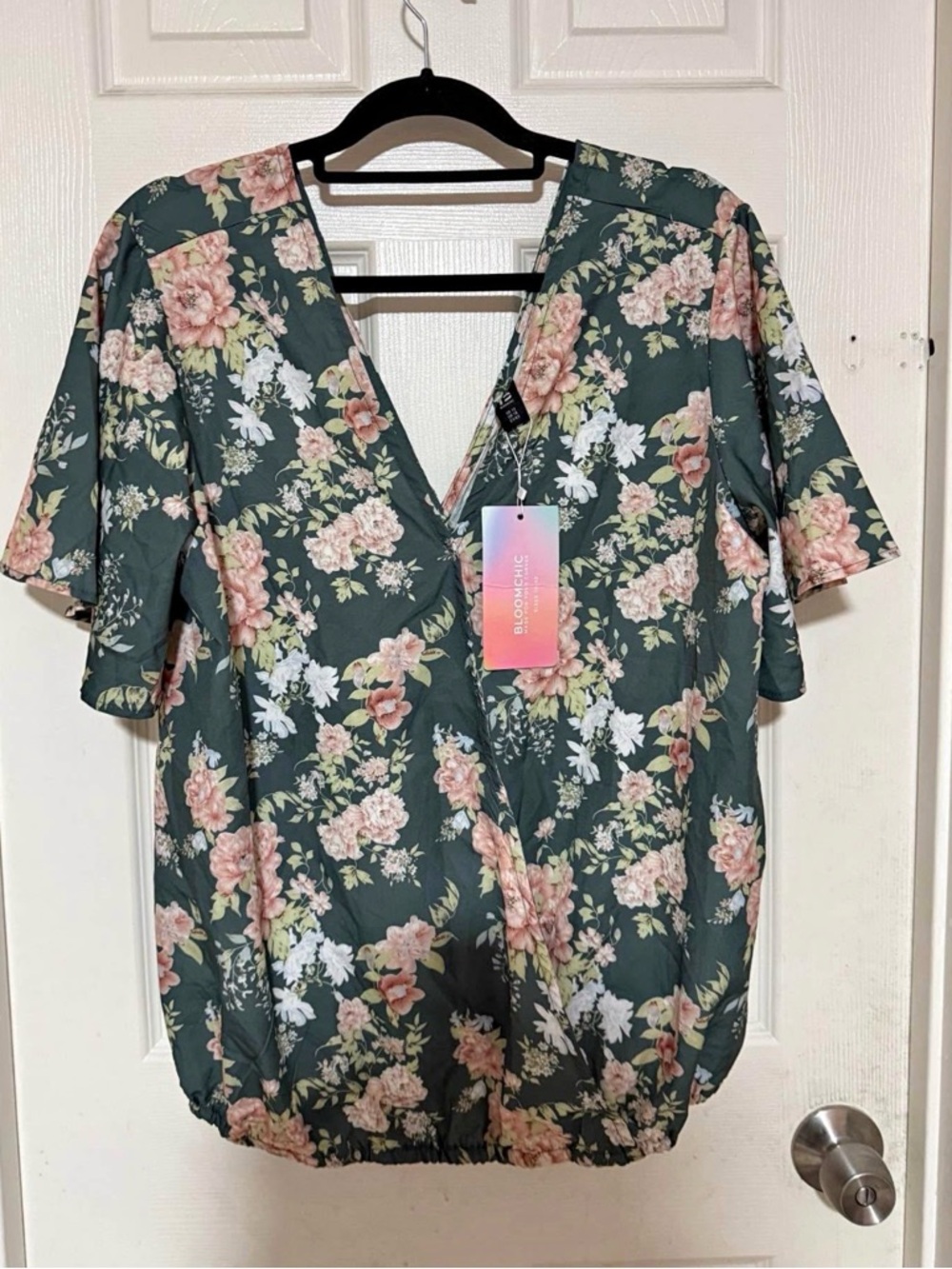 BloomChic Dark Green Floral V-Neck Tunic with Pink & Cream Blooms